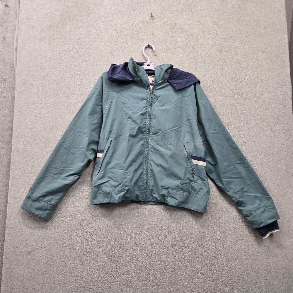 VINTAGE Nike Women Jacket L Teal Embroidered Colorblock Swoosh Hooded 90s
